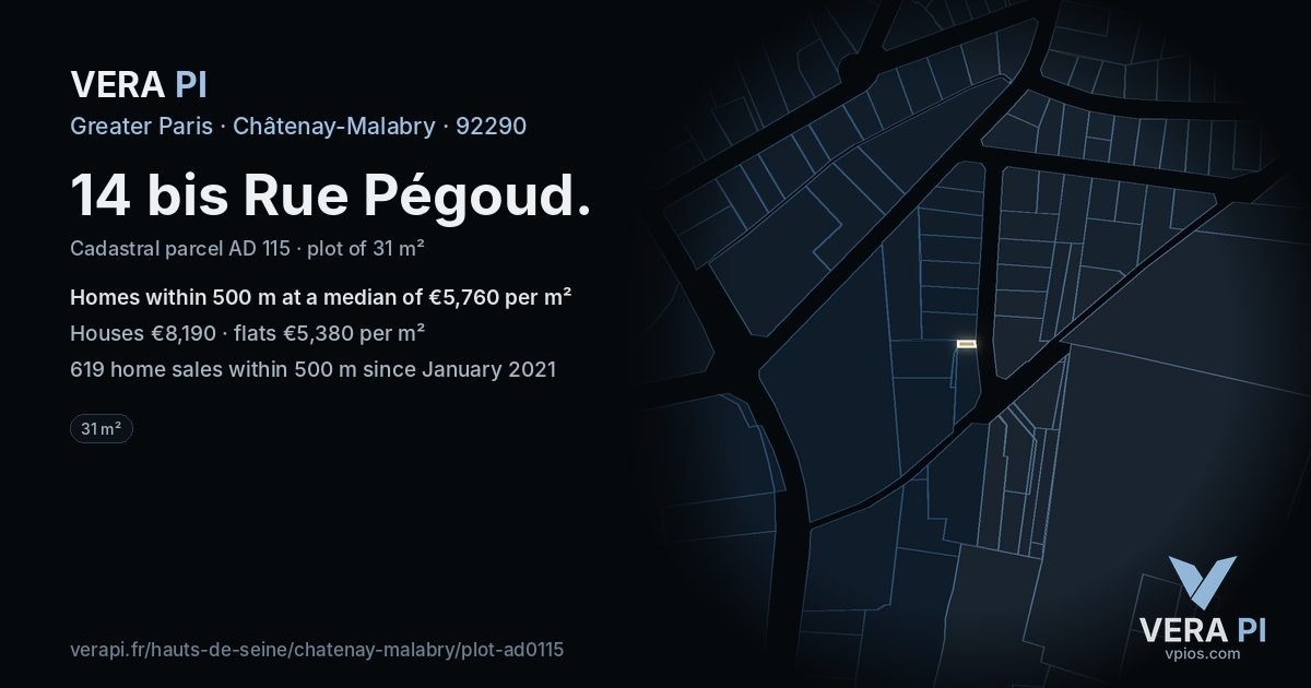 14 bis Rue Pégoud, Châtenay-Malabry at night – the plot lit, the parcels around coloured by the prices near them