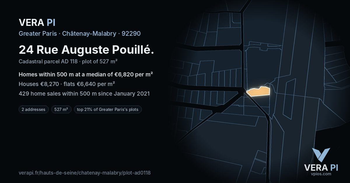 24 Rue Auguste Pouillé, Châtenay-Malabry at night – the plot lit, the parcels around coloured by the prices near them
