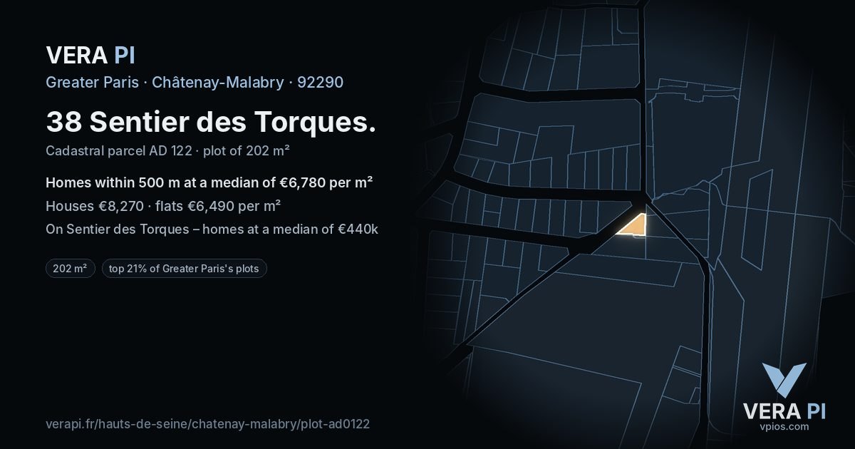 38 Sentier des Torques, Châtenay-Malabry at night – the plot lit, the parcels around coloured by the prices near them