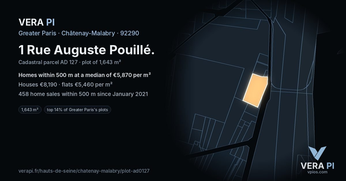 1 Rue Auguste Pouillé, Châtenay-Malabry at night – the plot lit, the parcels around coloured by the prices near them