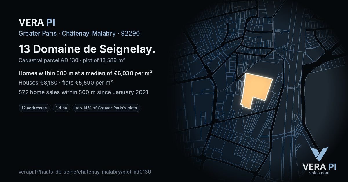 13 Domaine de Seignelay, Châtenay-Malabry at night – the plot lit, the parcels around coloured by the prices near them