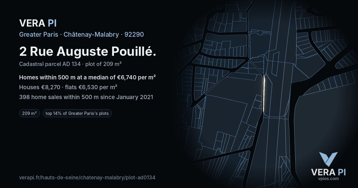 2 Rue Auguste Pouillé, Châtenay-Malabry at night – the plot lit, the parcels around coloured by the prices near them