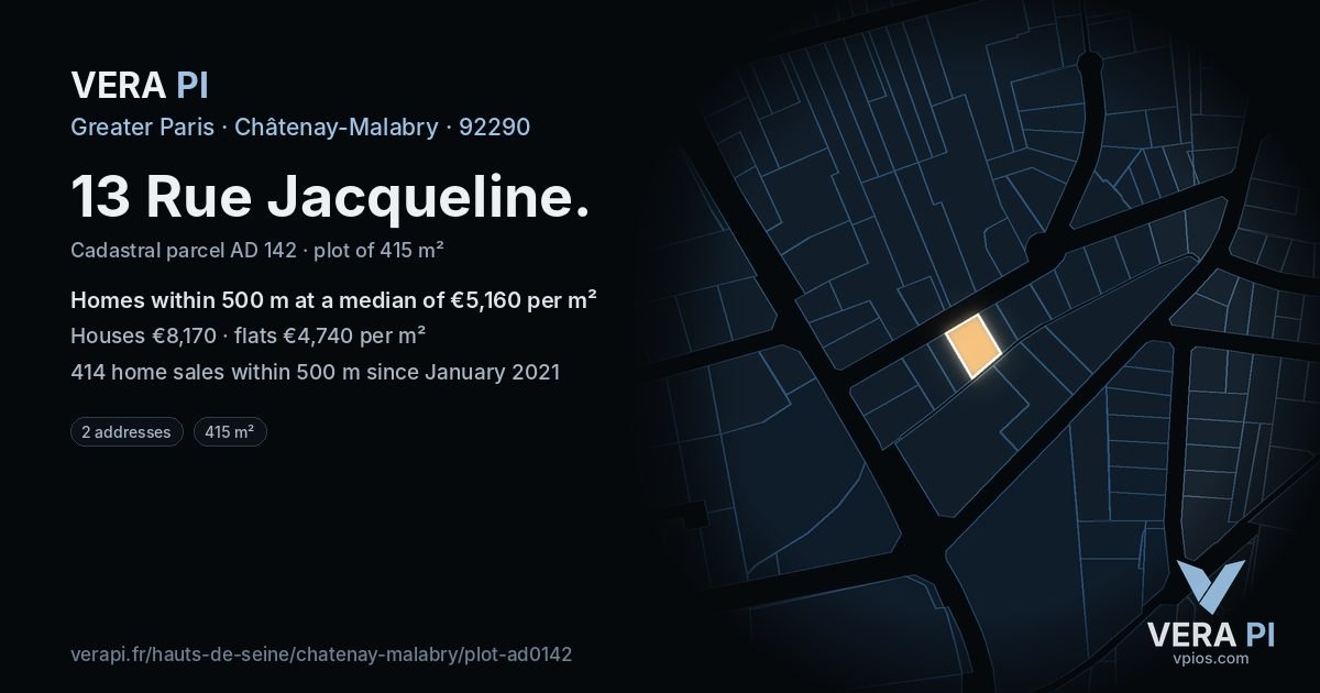 13 Rue Jacqueline, Châtenay-Malabry at night – the plot lit, the parcels around coloured by the prices near them