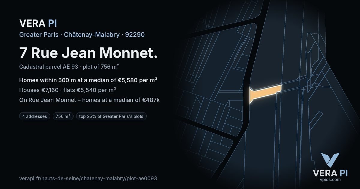 7 Rue Jean Monnet, Châtenay-Malabry at night – the plot lit, the parcels around coloured by the prices near them