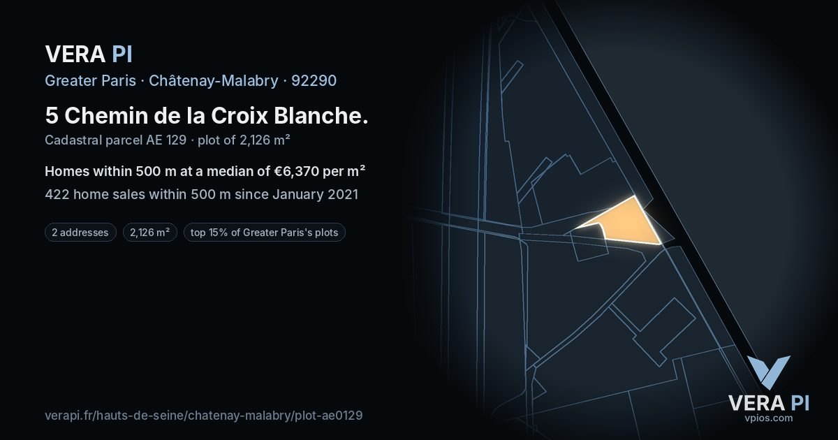 5 Chemin de la Croix Blanche, Châtenay-Malabry at night – the plot lit, the parcels around coloured by the prices near them