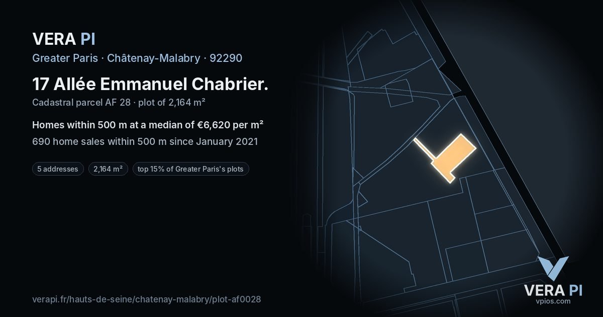 17 Allée Emmanuel Chabrier, Châtenay-Malabry at night – the plot lit, the parcels around coloured by the prices near them