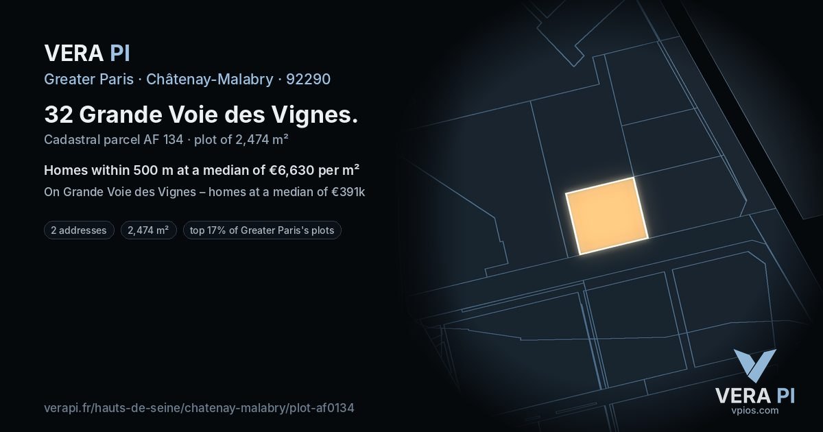 32 Grande Voie des Vignes, Châtenay-Malabry at night – the plot lit, the parcels around coloured by the prices near them