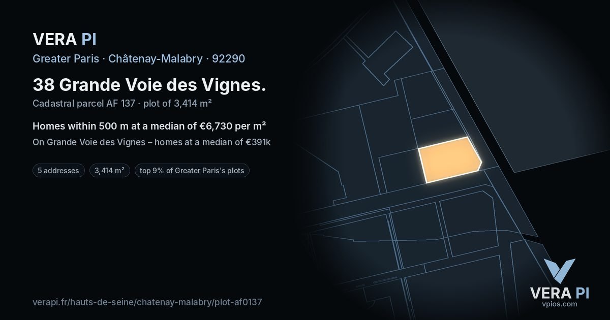38 Grande Voie des Vignes, Châtenay-Malabry at night – the plot lit, the parcels around coloured by the prices near them