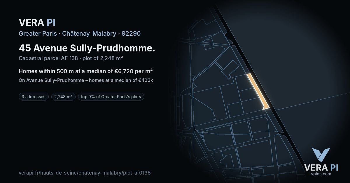 45 Avenue Sully-Prudhomme, Châtenay-Malabry at night – the plot lit, the parcels around coloured by the prices near them