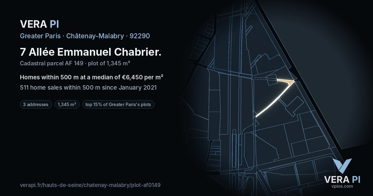 7 Allée Emmanuel Chabrier, Châtenay-Malabry at night – the plot lit, the parcels around coloured by the prices near them