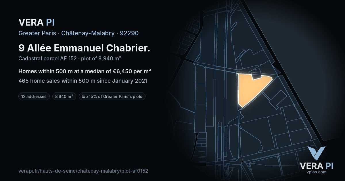 9 Allée Emmanuel Chabrier, Châtenay-Malabry at night – the plot lit, the parcels around coloured by the prices near them