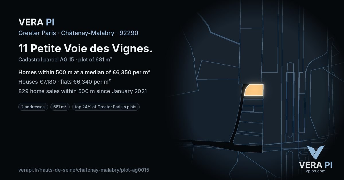 11 Petite Voie des Vignes, Châtenay-Malabry at night – the plot lit, the parcels around coloured by the prices near them