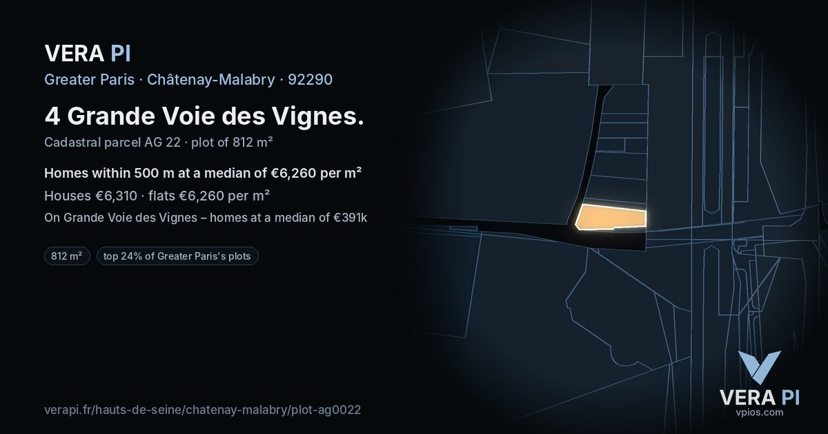 4 Grande Voie des Vignes, Châtenay-Malabry at night – the plot lit, the parcels around coloured by the prices near them