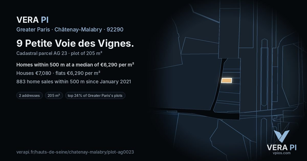 9 Petite Voie des Vignes, Châtenay-Malabry at night – the plot lit, the parcels around coloured by the prices near them