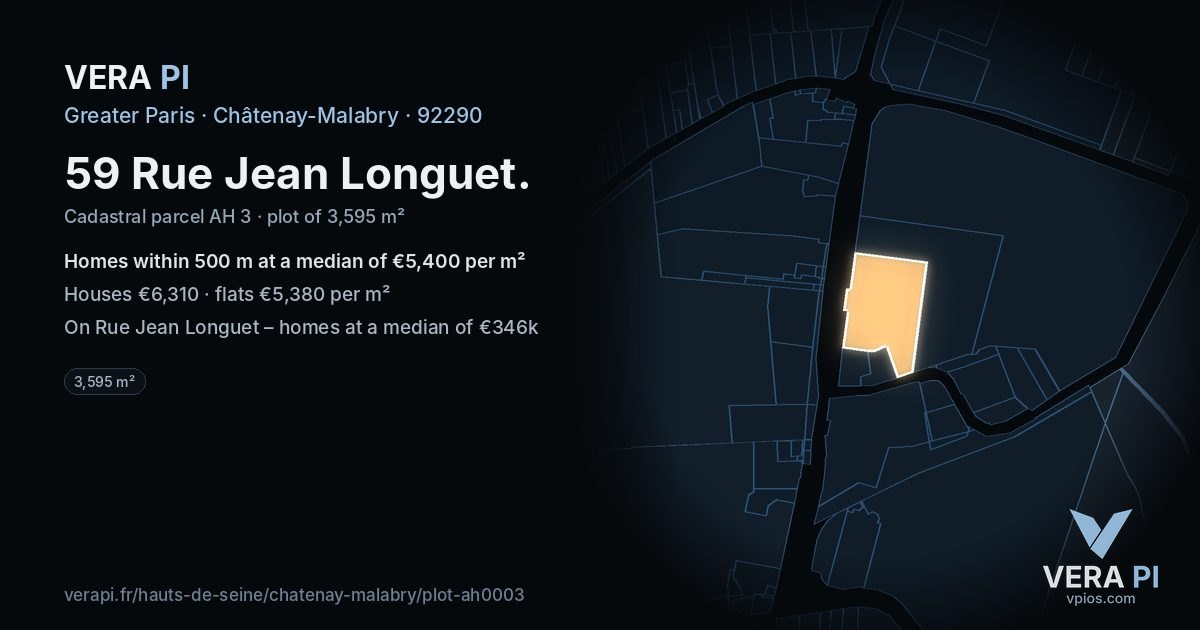 59 Rue Jean Longuet, Châtenay-Malabry at night – the plot lit, the parcels around coloured by the prices near them