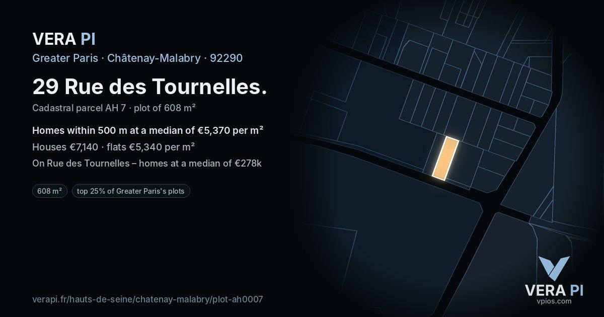 29 Rue des Tournelles, Châtenay-Malabry at night – the plot lit, the parcels around coloured by the prices near them