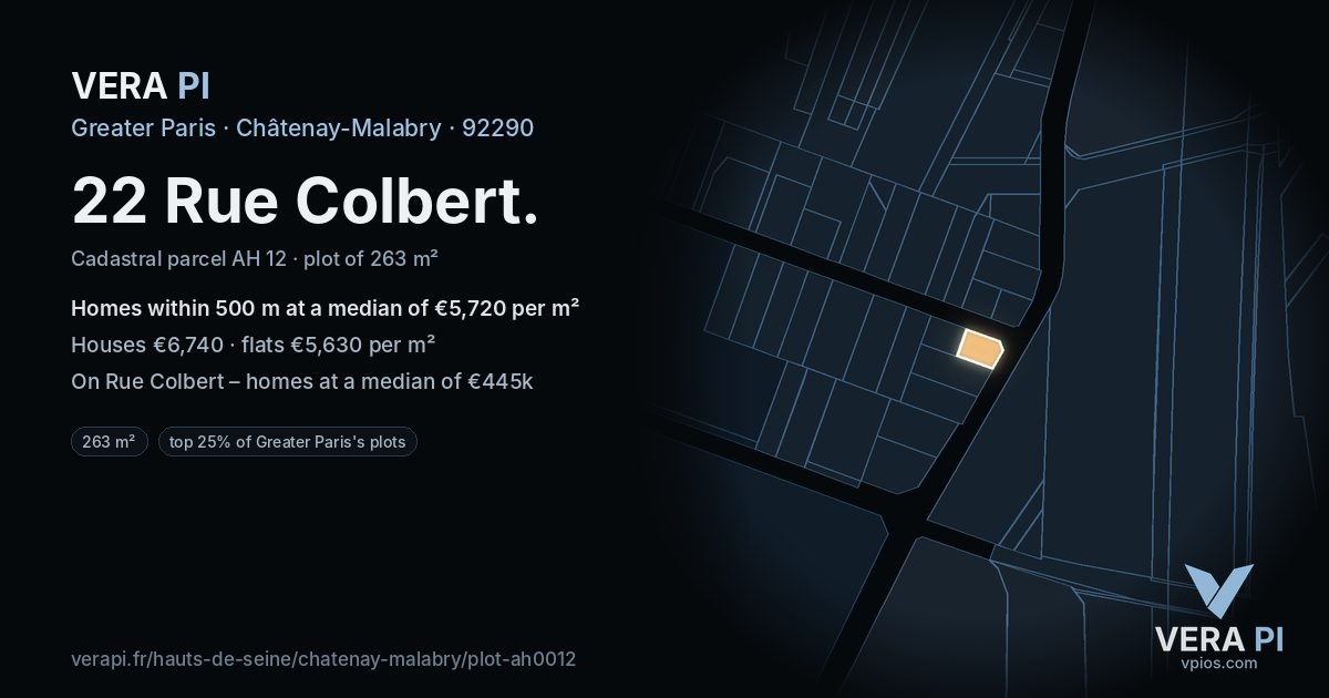 22 Rue Colbert, Châtenay-Malabry at night – the plot lit, the parcels around coloured by the prices near them
