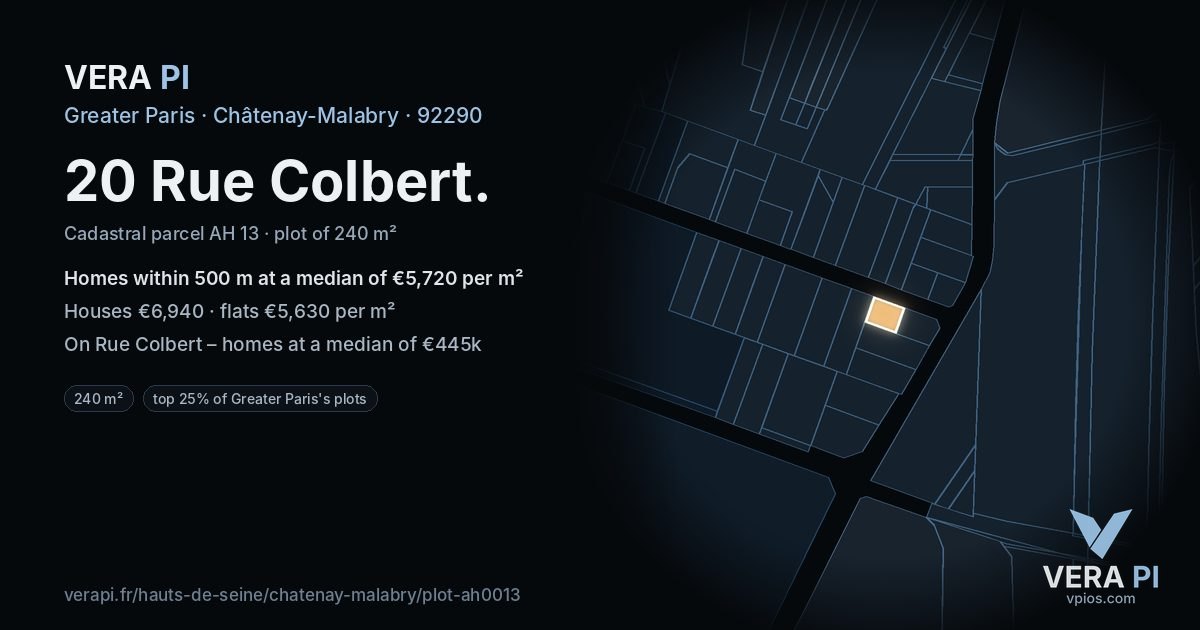 20 Rue Colbert, Châtenay-Malabry at night – the plot lit, the parcels around coloured by the prices near them