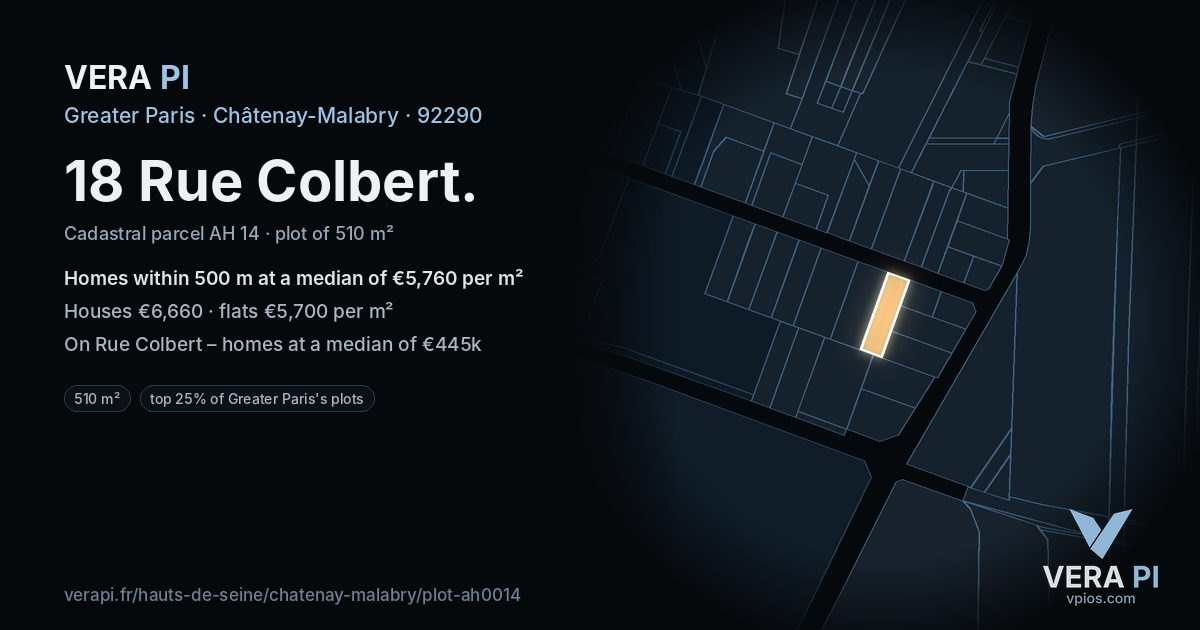 18 Rue Colbert, Châtenay-Malabry at night – the plot lit, the parcels around coloured by the prices near them