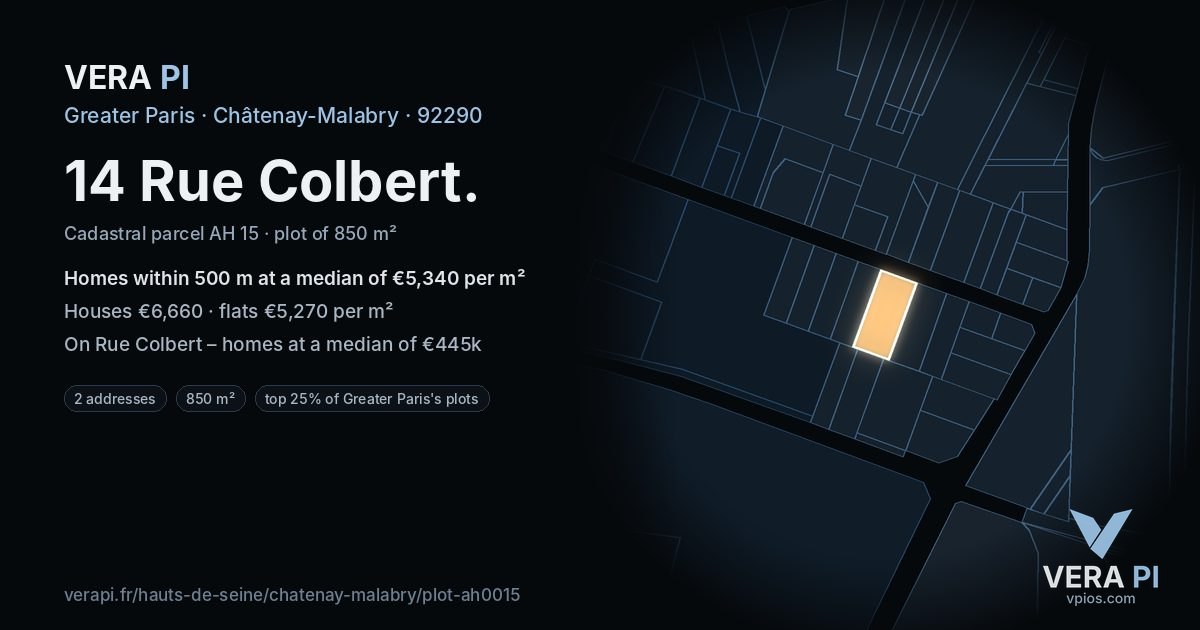 14 Rue Colbert, Châtenay-Malabry at night – the plot lit, the parcels around coloured by the prices near them
