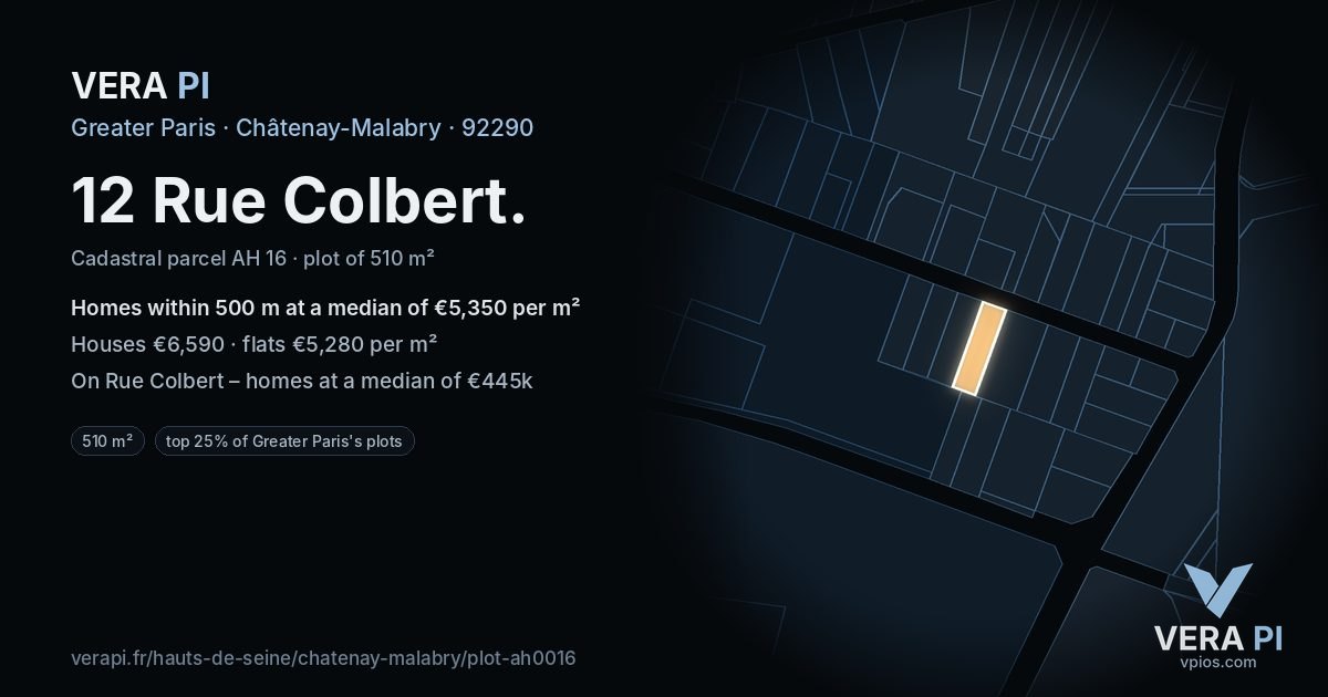 12 Rue Colbert, Châtenay-Malabry at night – the plot lit, the parcels around coloured by the prices near them