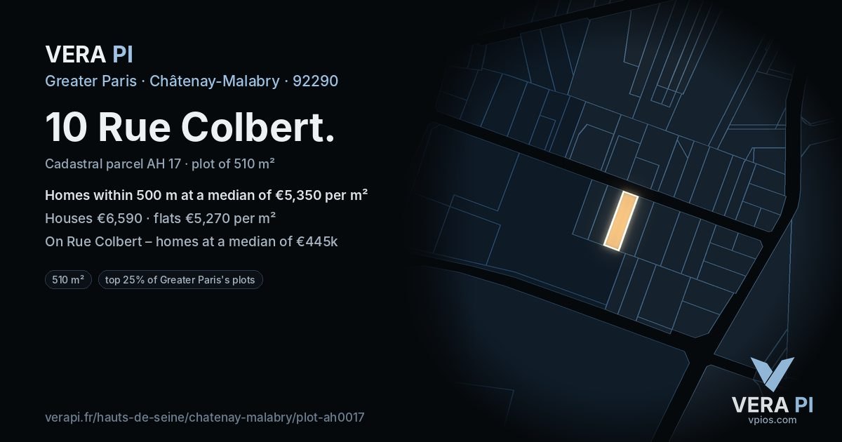 10 Rue Colbert, Châtenay-Malabry at night – the plot lit, the parcels around coloured by the prices near them