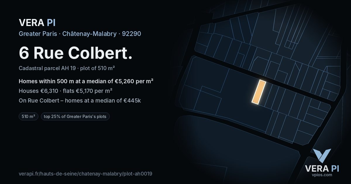6 Rue Colbert, Châtenay-Malabry at night – the plot lit, the parcels around coloured by the prices near them