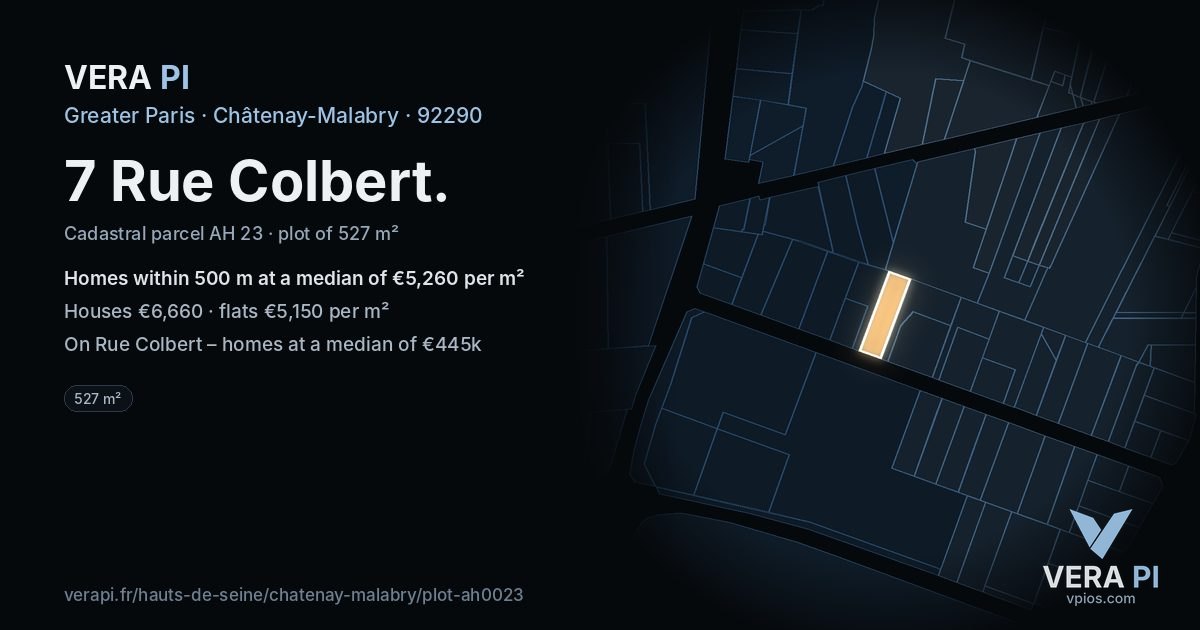 7 Rue Colbert, Châtenay-Malabry at night – the plot lit, the parcels around coloured by the prices near them