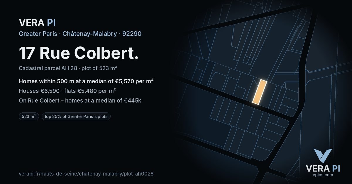 17 Rue Colbert, Châtenay-Malabry at night – the plot lit, the parcels around coloured by the prices near them