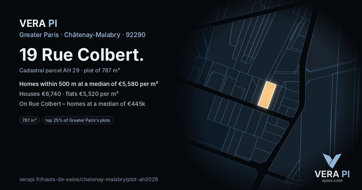 19 Rue Colbert, Châtenay-Malabry at night – the plot lit, the parcels around coloured by the prices near them