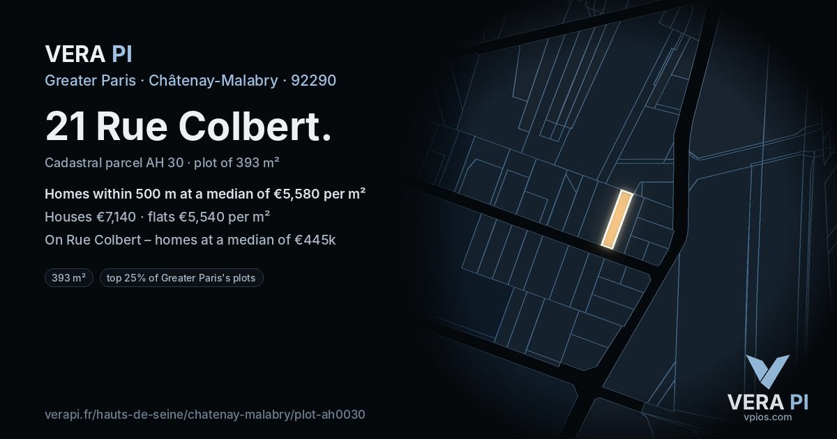 21 Rue Colbert, Châtenay-Malabry at night – the plot lit, the parcels around coloured by the prices near them
