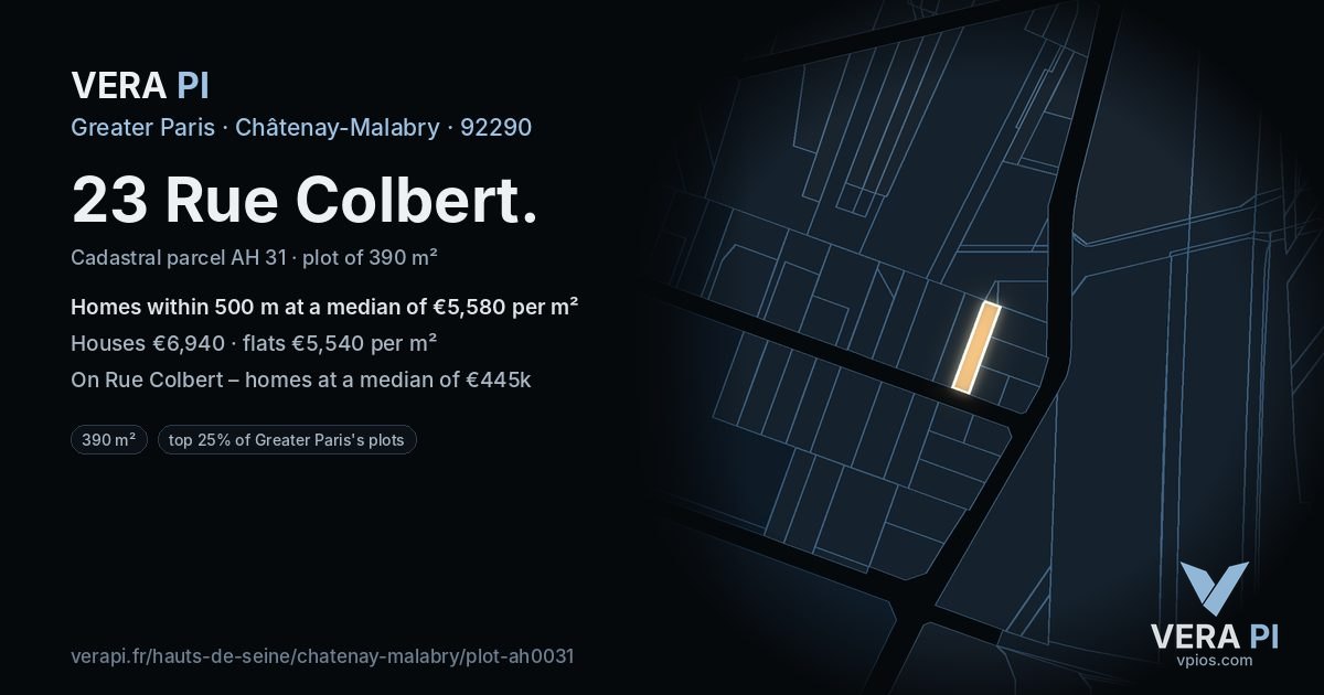 23 Rue Colbert, Châtenay-Malabry at night – the plot lit, the parcels around coloured by the prices near them