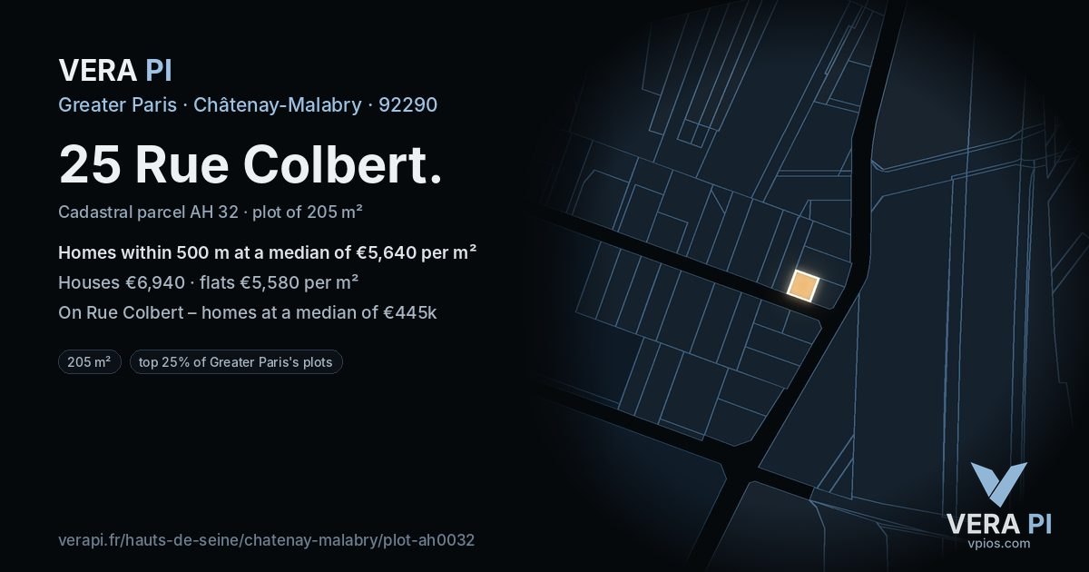 25 Rue Colbert, Châtenay-Malabry at night – the plot lit, the parcels around coloured by the prices near them
