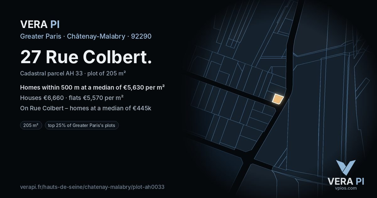 27 Rue Colbert, Châtenay-Malabry at night – the plot lit, the parcels around coloured by the prices near them