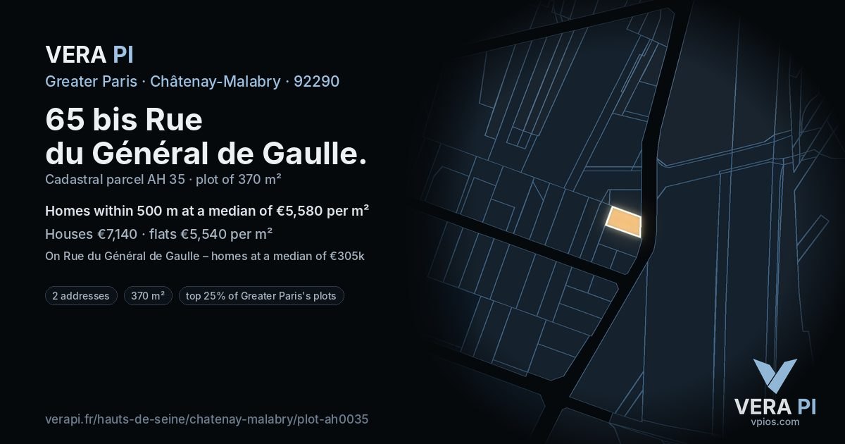 65 bis Rue du Général de Gaulle, Châtenay-Malabry at night – the plot lit, the parcels around coloured by the prices near them