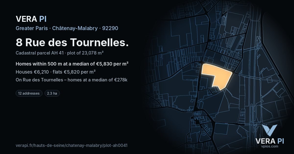 8 Rue des Tournelles, Châtenay-Malabry at night – the plot lit, the parcels around coloured by the prices near them