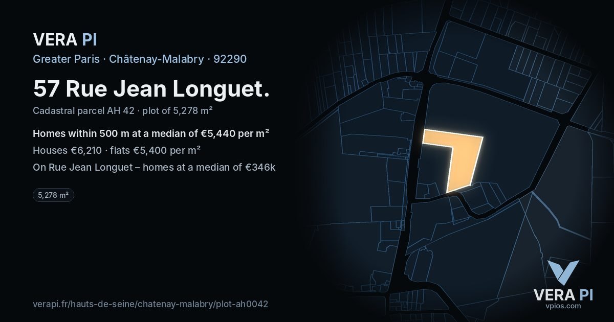 57 Rue Jean Longuet, Châtenay-Malabry at night – the plot lit, the parcels around coloured by the prices near them
