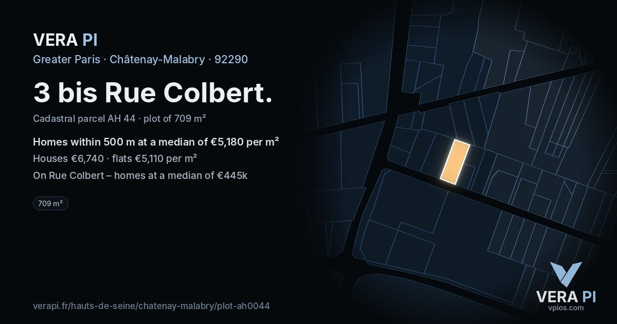 3 bis Rue Colbert, Châtenay-Malabry at night – the plot lit, the parcels around coloured by the prices near them