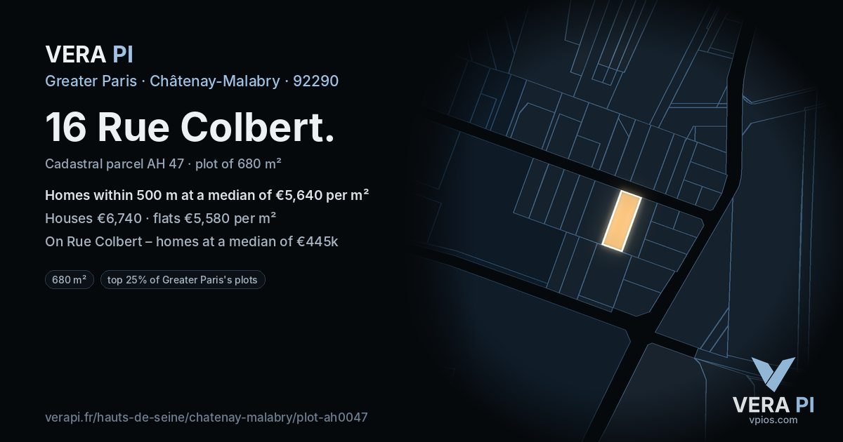 16 Rue Colbert, Châtenay-Malabry at night – the plot lit, the parcels around coloured by the prices near them