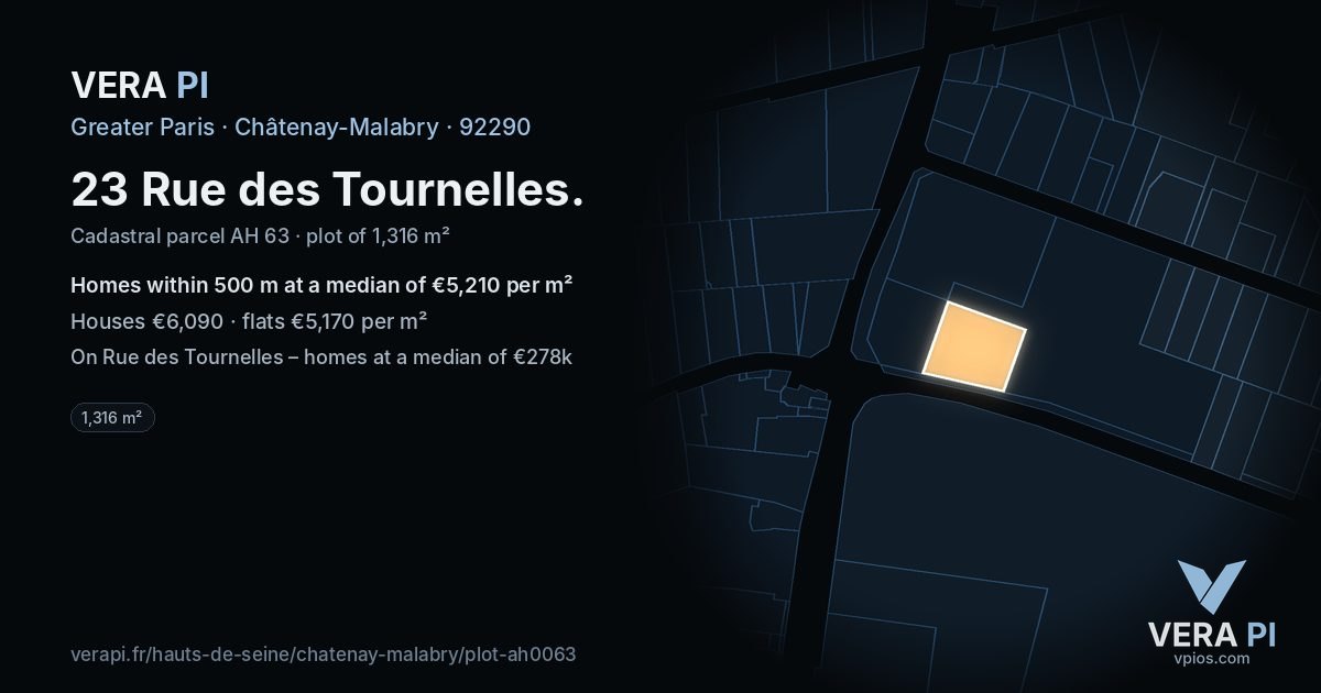 23 Rue des Tournelles, Châtenay-Malabry at night – the plot lit, the parcels around coloured by the prices near them