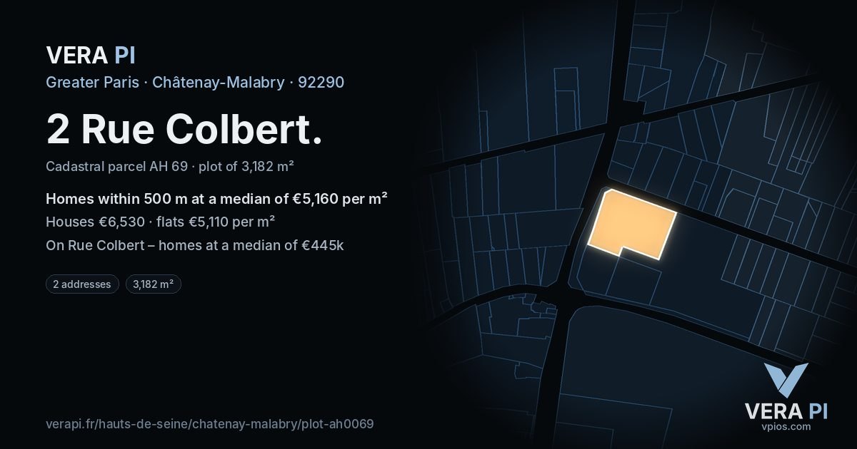 2 Rue Colbert, Châtenay-Malabry at night – the plot lit, the parcels around coloured by the prices near them