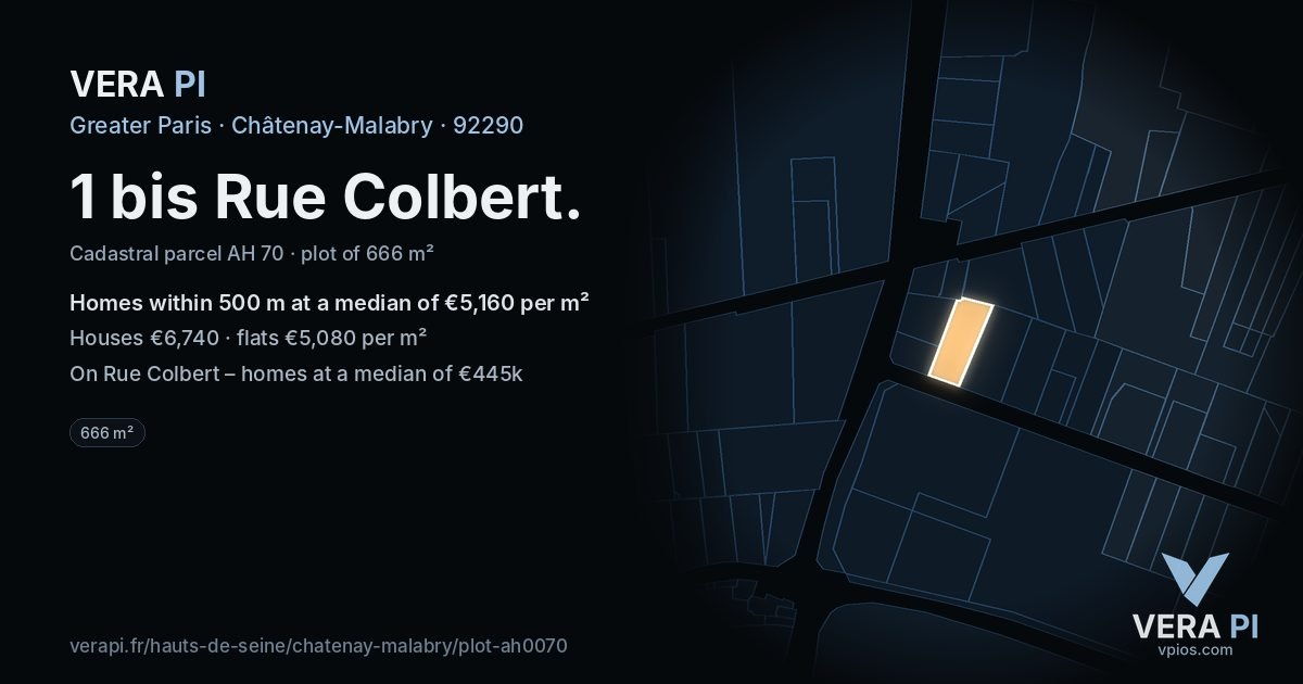 1 bis Rue Colbert, Châtenay-Malabry at night – the plot lit, the parcels around coloured by the prices near them