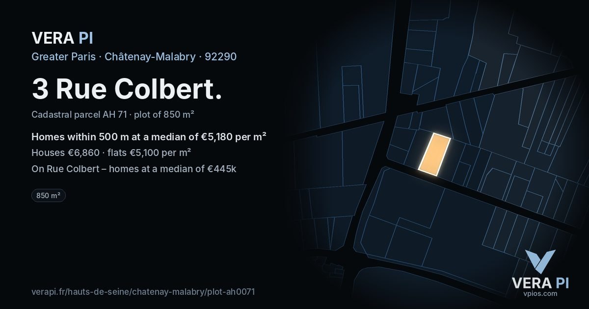 3 Rue Colbert, Châtenay-Malabry at night – the plot lit, the parcels around coloured by the prices near them