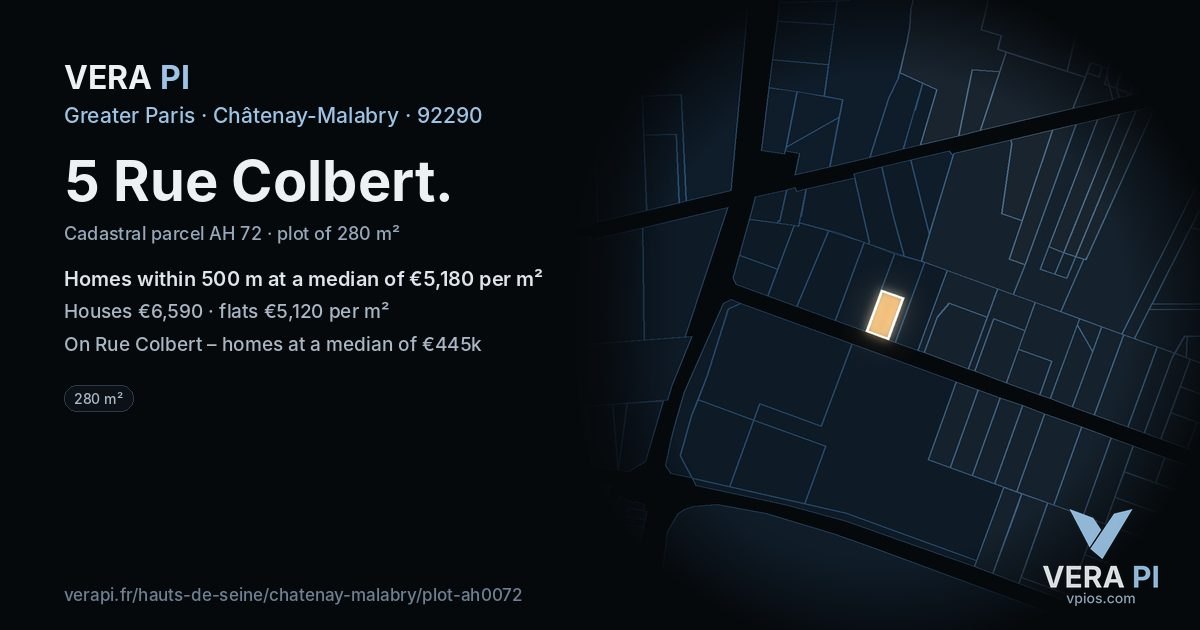 5 Rue Colbert, Châtenay-Malabry at night – the plot lit, the parcels around coloured by the prices near them