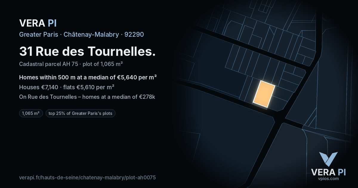 31 Rue des Tournelles, Châtenay-Malabry at night – the plot lit, the parcels around coloured by the prices near them