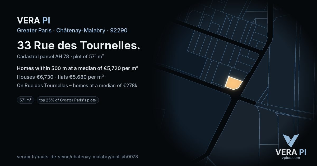 33 Rue des Tournelles, Châtenay-Malabry at night – the plot lit, the parcels around coloured by the prices near them