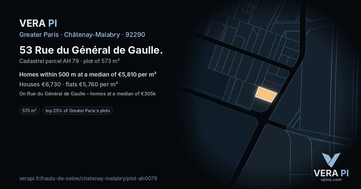 53 Rue du Général de Gaulle, Châtenay-Malabry at night – the plot lit, the parcels around coloured by the prices near them