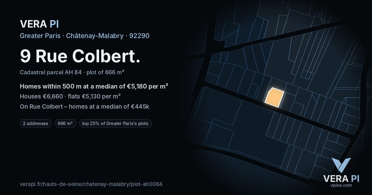 9 Rue Colbert, Châtenay-Malabry at night – the plot lit, the parcels around coloured by the prices near them