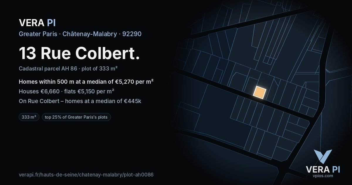 13 Rue Colbert, Châtenay-Malabry at night – the plot lit, the parcels around coloured by the prices near them