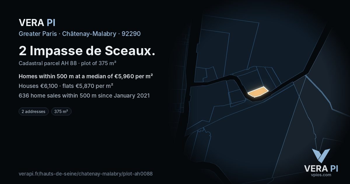 2 Impasse de Sceaux, Châtenay-Malabry at night – the plot lit, the parcels around coloured by the prices near them